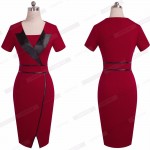 Professional Women Casual Work Office Business Bodycon Pencil Dress Short Sleeve PU Patchwork Split Summer Dress EB366