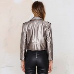 Punk Style Ladies Slim Fit  Self-Belt PU Leather Jacket Epaulet Shoulder Quality Silver Motorcycle Coat Free Shipping