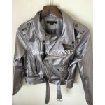 Punk Style Ladies Slim Fit  Self-Belt PU Leather Jacket Epaulet Shoulder Quality Silver Motorcycle Coat Free Shipping