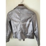 Punk Style Ladies Slim Fit  Self-Belt PU Leather Jacket Epaulet Shoulder Quality Silver Motorcycle Coat Free Shipping