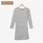 Qianxiu Brand Knee-Length Nightgown Spring Autumn Stripes Night dress Three Color 95% Sleepwear