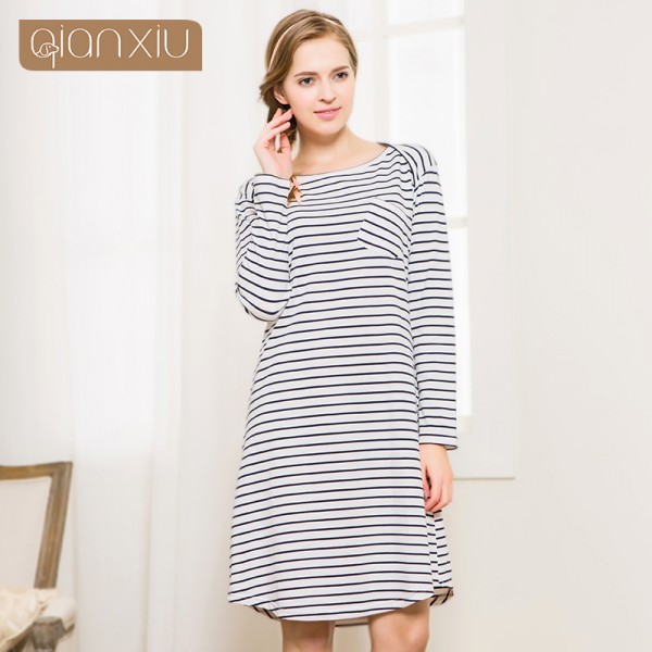 Qianxiu Brand Knee-Length Nightgown Spring Autumn Stripes Night dress Three Color 95% Sleepwear