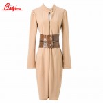 Qiqi Korean Womens Elegant Vintage Slim Autumn Khaki Party Dresses OL Office Work Tunic Bodycon Sheath Casual Pencil Dresses