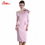 Qiqi Womens Patchwork Slim Package Hip Bow Ruffle Off Shoulder Party Dress Fashion Casual Work Pencil Sheath Dresses Vestidos  