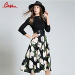 Qiqi vestidos New 2016 Autumn Women's Flower Printing  Knit Stitching Long Dresses Casual Clothing Plus Size Slim Party Dresses