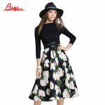 Qiqi vestidos New 2016 Autumn Women's Flower Printing  Knit Stitching Long Dresses Casual Clothing Plus Size Slim Party Dresses