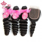 Queen Hair 7A Grade 1 Piece Top Lace Closure with 3Pcs Hair Bundle,4pcs/lot,Brazilian Virgin Hair Extension,Loose Wave 12"-28"