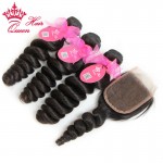 Queen Hair 7A Grade 1 Piece Top Lace Closure with 3Pcs Hair Bundle,4pcs/lot,Brazilian Virgin Hair Extension,Loose Wave 12"-28"