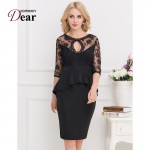 RJ80206 Comeondear Work Dress Black Half Sleeve Sheer Lace Embroidery Peplum Dress Super Deal Women Elegant Formal Casual Dress