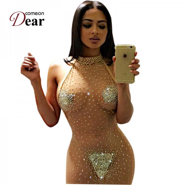 RJ80244 Comeondear Transparent Lace Sexy Dress Club Wear See Through Plus Size Sexy Bodycon Dress Skin Color Night Women Dress