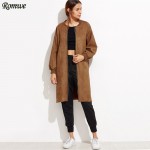 ROMWE Autumn Basic Coat For Women Casual Long Outerwear Khaki Slit Side Collarless Long Sleeve Zip Front Suede Coat