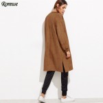 ROMWE Autumn Basic Coat For Women Casual Long Outerwear Khaki Slit Side Collarless Long Sleeve Zip Front Suede Coat