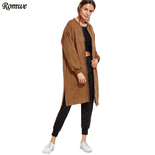 ROMWE Autumn Basic Coat For Women Casual Long Outerwear Khaki Slit Side Collarless Long Sleeve Zip Front Suede Coat