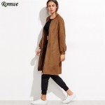 ROMWE Autumn Basic Coat For Women Casual Long Outerwear Khaki Slit Side Collarless Long Sleeve Zip Front Suede Coat