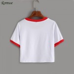 ROMWE Contrast Trimmed Rainbow Patch Crop Tees Summer Woman T shirts 2016 Fashion Round Neck Short Sleeve White Casual T-Shirt