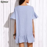 ROMWE Ladies Summer Vintage Shift Dresses Women Blue Vertical Striped Drop Waist Ruffle Dress With Embroidered Tape Detail