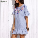 ROMWE Ladies Summer Vintage Shift Dresses Women Blue Vertical Striped Drop Waist Ruffle Dress With Embroidered Tape Detail