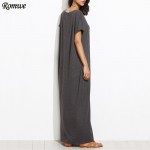 ROMWE Long Shift Dresses For Women Summer Ladies Heather Grey Round Neck Short Batwing Sleeve Casual T-shirt Maxi Dress