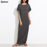 ROMWE Long Shift Dresses For Women Summer Ladies Heather Grey Round Neck Short Batwing Sleeve Casual T-shirt Maxi Dress