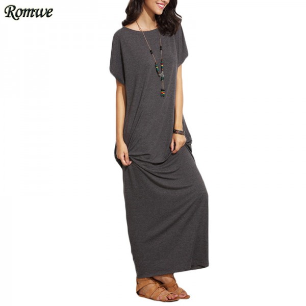 ROMWE Long Shift Dresses For Women Summer Ladies Heather Grey Round Neck Short Batwing Sleeve Casual T-shirt Maxi Dress