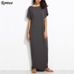 ROMWE Long Shift Dresses For Women Summer Ladies Heather Grey Round Neck Short Batwing Sleeve Casual T-shirt Maxi Dress