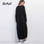 ROMWE Maxi Dresses for Women 2017 Womens Clothing Black T-shirt Dress Round Neck Long Sleeve Elastic Hem Loose Shift Dress