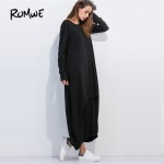 ROMWE Maxi Dresses for Women 2017 Womens Clothing Black T-shirt Dress Round Neck Long Sleeve Elastic Hem Loose Shift Dress