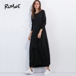 ROMWE Maxi Dresses for Women 2017 Womens Clothing Black T-shirt Dress Round Neck Long Sleeve Elastic Hem Loose Shift Dress