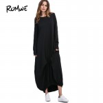 ROMWE Maxi Dresses for Women 2017 Womens Clothing Black T-shirt Dress Round Neck Long Sleeve Elastic Hem Loose Shift Dress