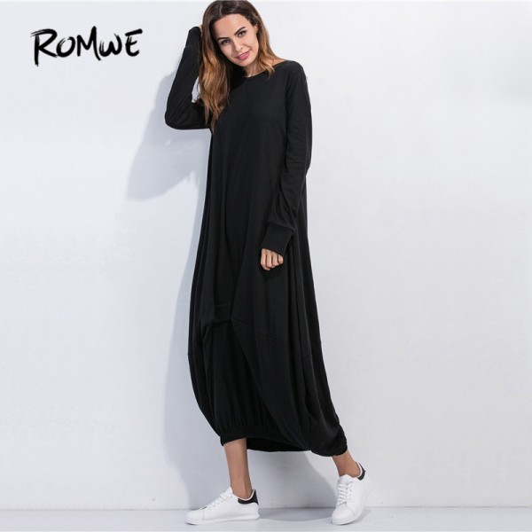 ROMWE Maxi Dresses for Women 2017 Womens Clothing Black T-shirt Dress Round Neck Long Sleeve Elastic Hem Loose Shift Dress