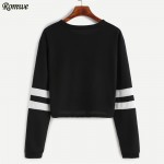 ROMWE T shirt Women 2016 Clothing Casual Ladies Autumn Tees Round Neck Varsity Striped Long Sleeve Crop T-shirt