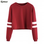 ROMWE T shirt Women 2016 Clothing Casual Ladies Autumn Tees Round Neck Varsity Striped Long Sleeve Crop T-shirt