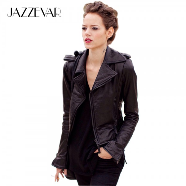 Real Genuine Leather high Fashion street brand style Women's Short Motorcycle Jacket Black basic jacket Outerwear good quality