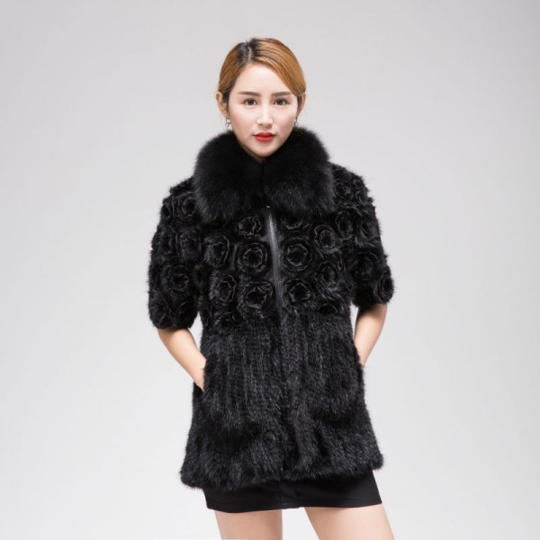 Real Mink knitting fur coat woman Winter warm knitting coat fox fur collar Fashion Slim Fit Garment Large size4XL with flowers