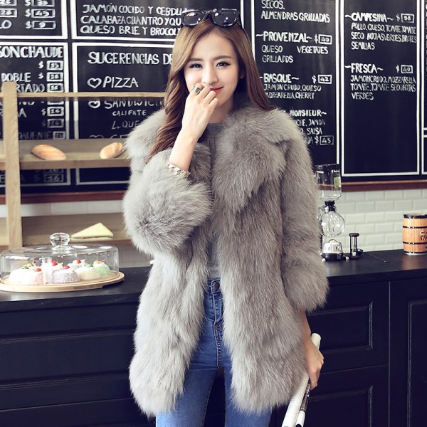 Real genuine natural fox fur coat women fashion three quarter sleeve fox fur coat medium-long overcoat outwear