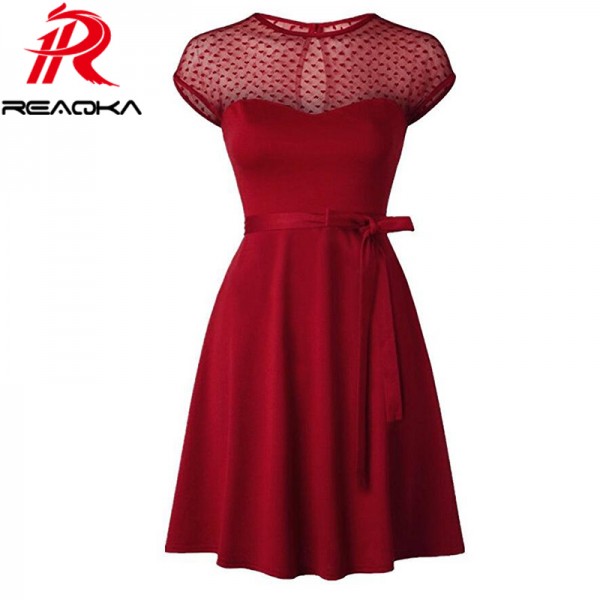 Reaqka Heart Pattern Gauze Mesh Summer Dress Patchwork Swing Cocktail Bow Women Little Black Dress 2017 Fashion Women Clothing