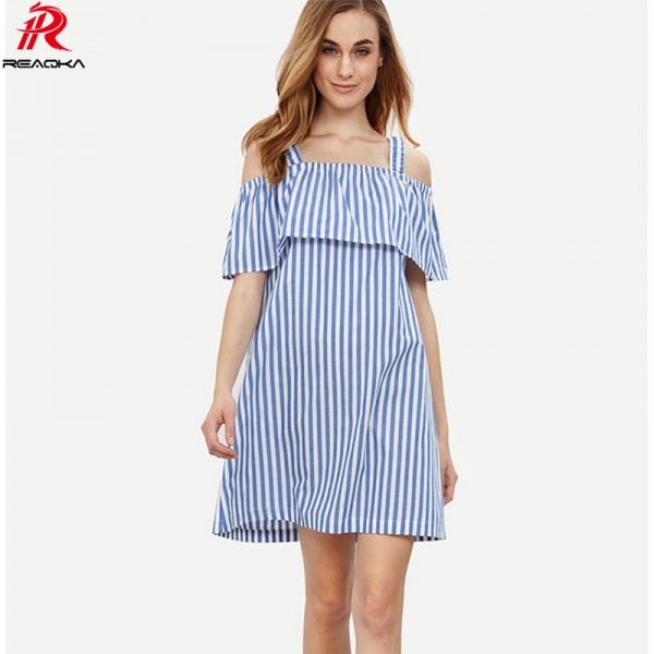 Reaqka Women Off-shoulder Stripes Beach Summer Dress 2018 Sleeveless Loose Fashion Sexy Bandage Mini Dresses Casual Sundress