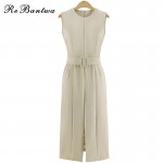 Rebantwa Summer OL Office Dresses Polyester Slim Waist Split Fork Women Dress With the Belt O-neck Vestidos High Quality S-XL