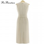 Rebantwa Summer OL Office Dresses Polyester Slim Waist Split Fork Women Dress With the Belt O-neck Vestidos High Quality S-XL