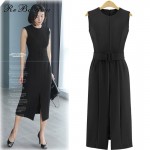 Rebantwa Summer OL Office Dresses Polyester Slim Waist Split Fork Women Dress With the Belt O-neck Vestidos High Quality S-XL