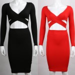 Red Black White Long Sleeve Elastic Cotton Warm Party Dresses 2015 Vestidos Sexy Midi Pencil Club Bodycon Bandage Dress