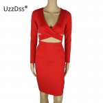 Red Black White Long Sleeve Elastic Cotton Warm Party Dresses 2018 Vestidos Sexy Midi Pencil Club Bodycon Bandage Dress