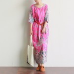 Red Blue Printed Plus size Women Long Dress Chinese style Oversized Loose Dress Robe Femme Brand Linen Cotton Print Dress A004