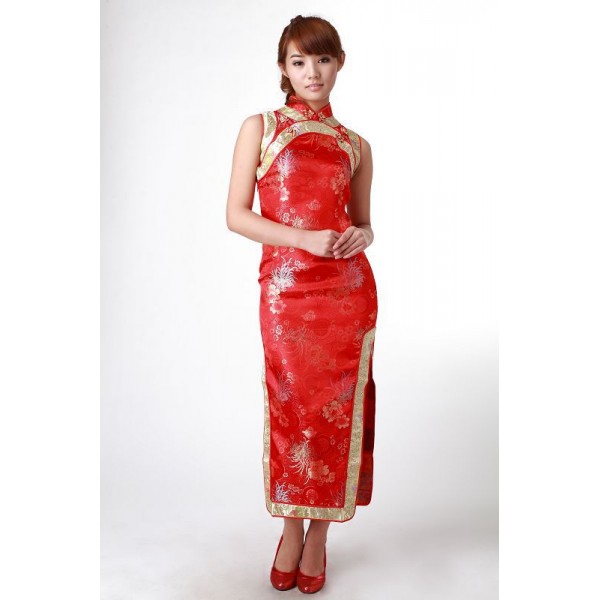 Red Chinese Traditional Dress Women Satin Halter Cheongsam Sexy Long Qipao Top Flower Vestidos Dress Size S M L XL XXL J6006