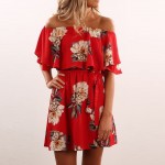 Red Floral 2017 Summer dress off shoulder Ruffles Slash neck print A-lined mini dress fashion women dresses