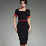 Retro Pure Black Formal Office Dress Women Irregular Neckline Short Turn-Down Sleeve Button Sashes Bodycon Midi Dress B350