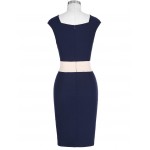 Retro Vintage Sleeveless Crew Neck Sexy Hollowed Back Cotton Navy Blue Party Dresses Vestidos Casual Office Bodycon Dress