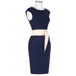 Retro Vintage Sleeveless Crew Neck Sexy Hollowed Back Cotton Navy Blue Party Dresses Vestidos Casual Office Bodycon Dress