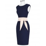 Retro Vintage Sleeveless Crew Neck Sexy Hollowed Back Cotton Navy Blue Party Dresses Vestidos Casual Office Bodycon Dress