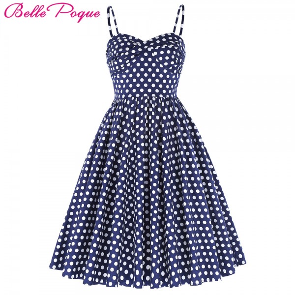 Retro Vintage Spaghetti Straps Polka Dots Flared A-Line Cotton Party Picnic Dress Navy Blue Plus Size Woman Dresses vestidos